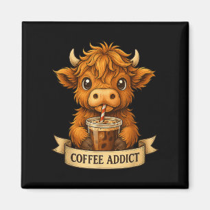Cute Highland Cow Drink Coffee Funny For Men Women Magnet
