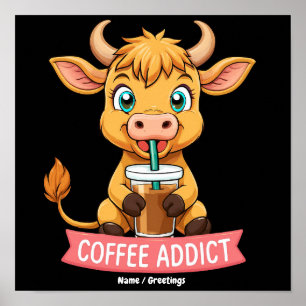 Cute Highland Cow Drinking Coffee Addict Joke Fun Poster
