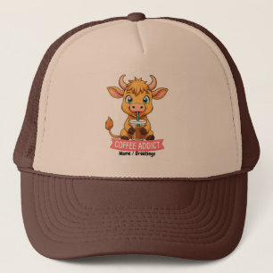 Cute Highland Cow Drinking Coffee Addict Joke Fun Trucker Hat