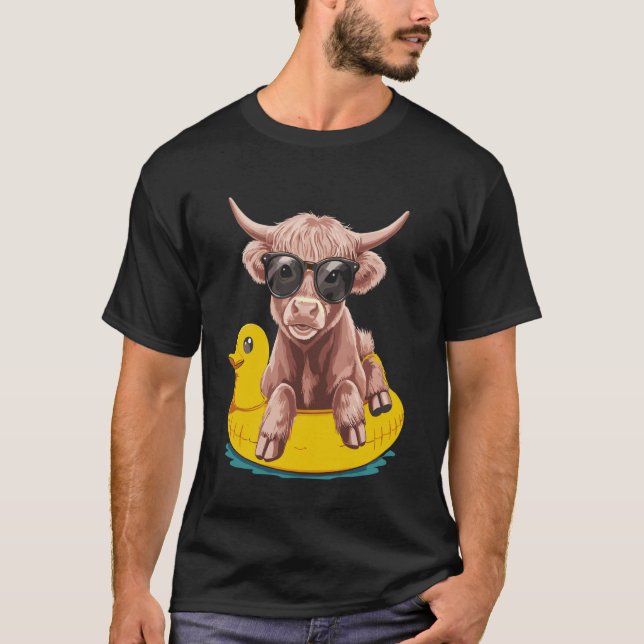 Cute Highland Cow Duck Pool Float Summer T-Shirt (Front)