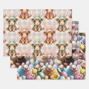 Cute Highland Cow Easter Bunny Spring Wrapping Paper Sheet