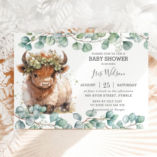 Cute Highland Cow Eucalyptus Greenery Baby Shower Invitation (Creator Uploaded)