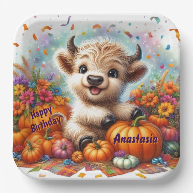 Cute Highland Cow Fall Birthday Party Plates  (Front)