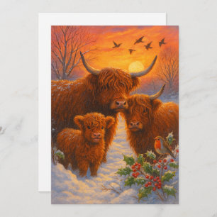 Cute Highland Cow Family In Snowy Woodland Sunset Holiday Card