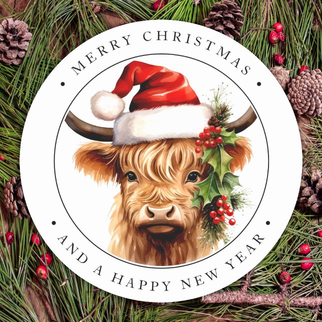 Cute Highland Cow Farm Animal Merry Christmas Classic Round Sticker (Creator Uploaded)