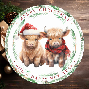 Cute Highland Cow Farm Animals Merry Christmas  Classic Round Sticker