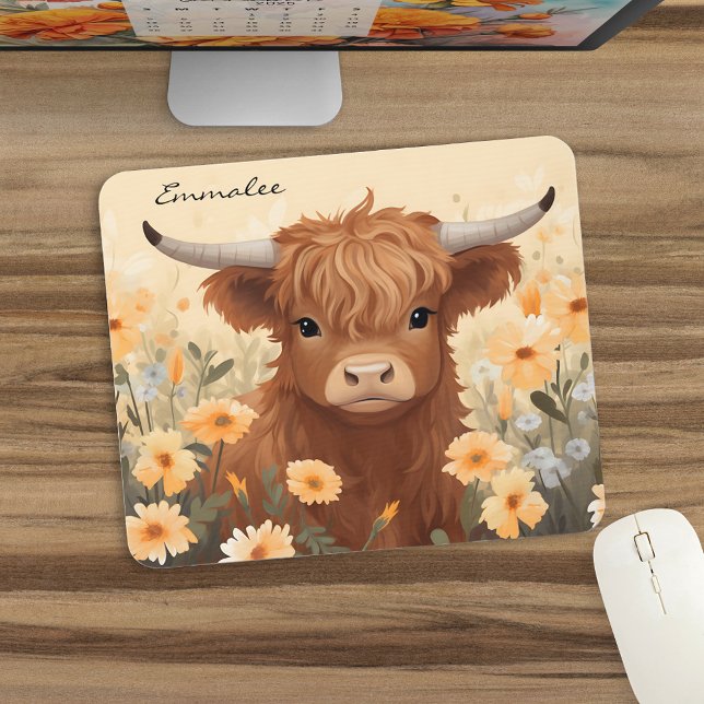 Cute Highland Cow Floral w/Monogram Mouse Pad (Creator Uploaded)