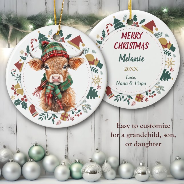 Cute Highland Cow Framed with Christmas Images Ceramic Tree Decoration (Creator Uploaded)