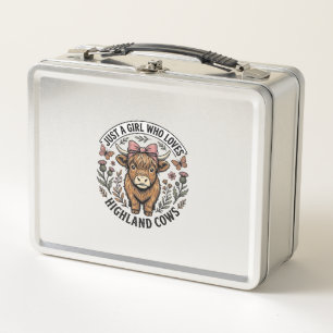 Cute Highland Cow Girl Vintage Floral Shirt Design Metal Lunch Box