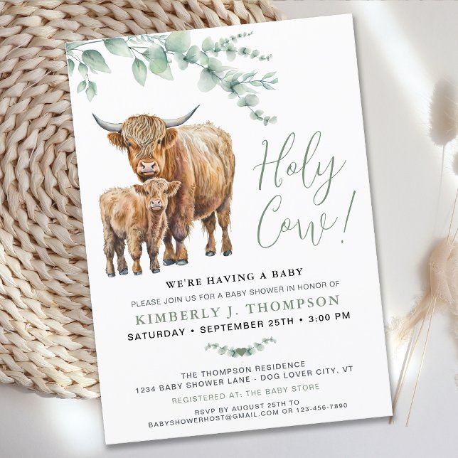 Cute Highland Cow Greenery Eucalyptus Baby Shower Invitation (Creator Uploaded)