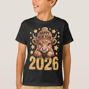 Cute Highland Cow Happy New Year 2026 Tee Funny An