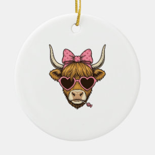 Cute Highland Cow Heart Glasses Vintage Shirt Desi Ceramic Tree Decoration
