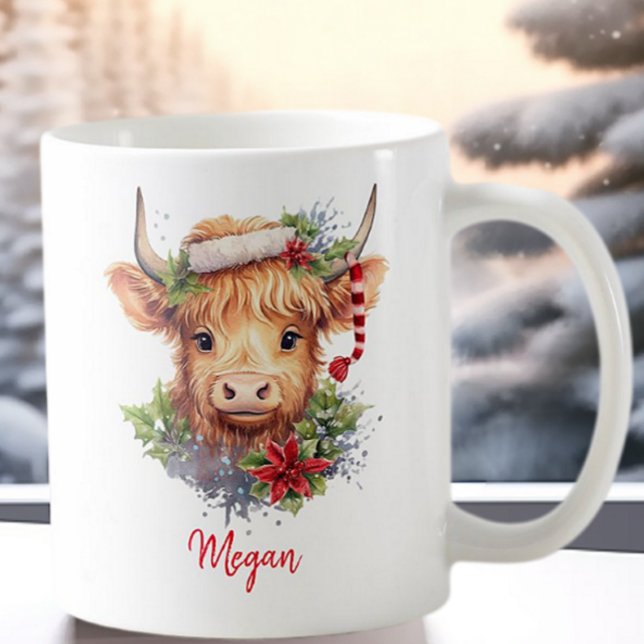 Cute Highland Cow Holiday Christmas Santa Hat Coffee Mug (Creator Uploaded)