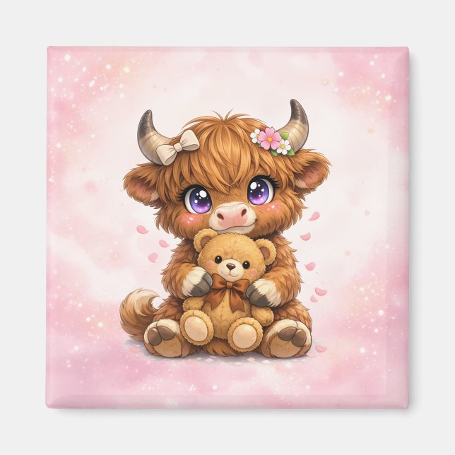 Cute Highland Cow Hugging Teddy Bear Square Magnet (Front)