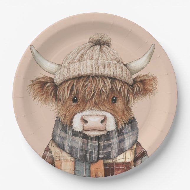 Cute Highland Cow in Hat Boho Cream Paper Plate (Front)
