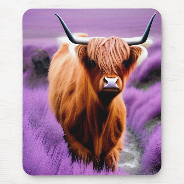Cute Highland Cow in Lavender Field er Mouse Pad (Front)