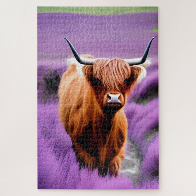 Cute Highland Cow in Lavender Field  Jigsaw Puzzle (Vertical)