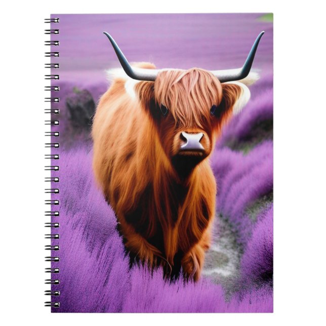 Cute Highland Cow in Lavender Field  Notebook (Front)