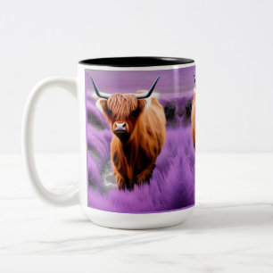 Cute Highland Cow in Lavender Field Two-Tone Coffee Mug
