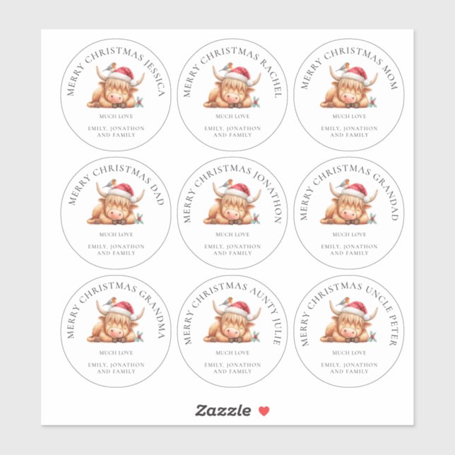 Cute Highland Cow Individual Names Merry Christmas (Sheet)