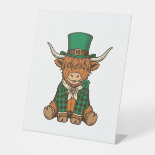 Cute Highland Cow Irish Clover Vintage Shirt Desig Pedestal Sign