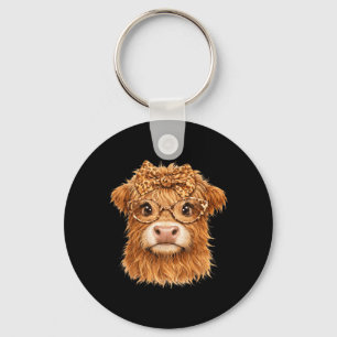 Cute Highland Cow Leopard Bow Glasses Farm Animal Key Ring