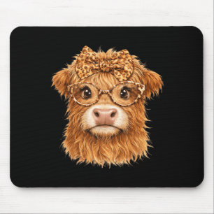 Cute Highland Cow Leopard Bow Glasses Farm Animal Mouse Pad