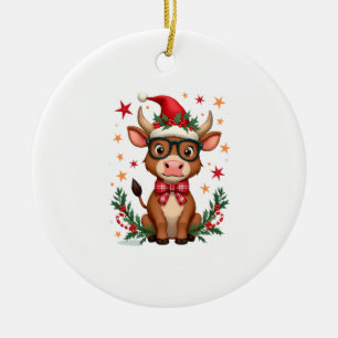 Cute Highland Cow Lover Santa Hat Western Christma Ceramic Tree Decoration