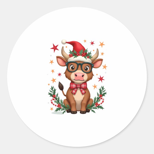 Cute Highland Cow Lover Santa Hat Western Christma Classic Round Sticker (Front)