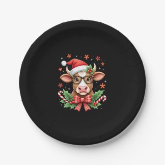 Cute Highland Cow Lover Santa Hat Western Christma Paper Plate