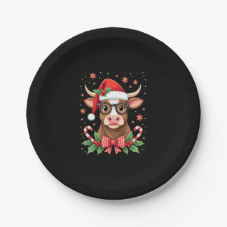 Cute Highland Cow Lover Santa Hat Western Christma Paper Plate