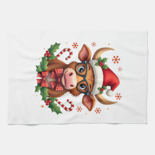 Cute Highland Cow Lover Santa Hat Western Christma Tea Towel