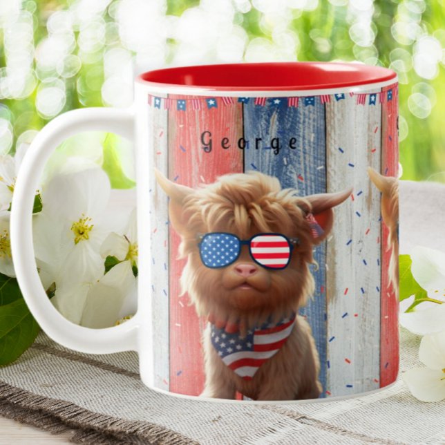 Cute Highland Cow Patriotic USA Flag Sunglasses  Two-Tone Coffee Mug (Creator Uploaded)