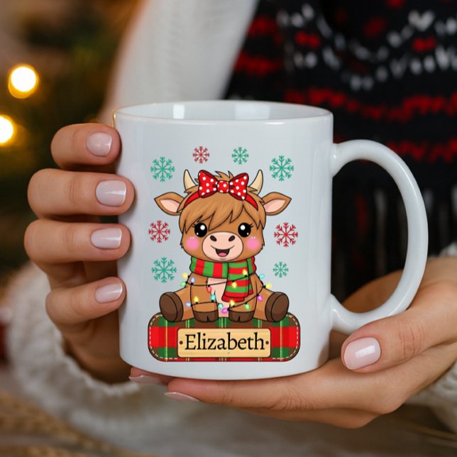 Cute Highland Cow Personalised Name Christmas Coffee Mug (Creator Uploaded)