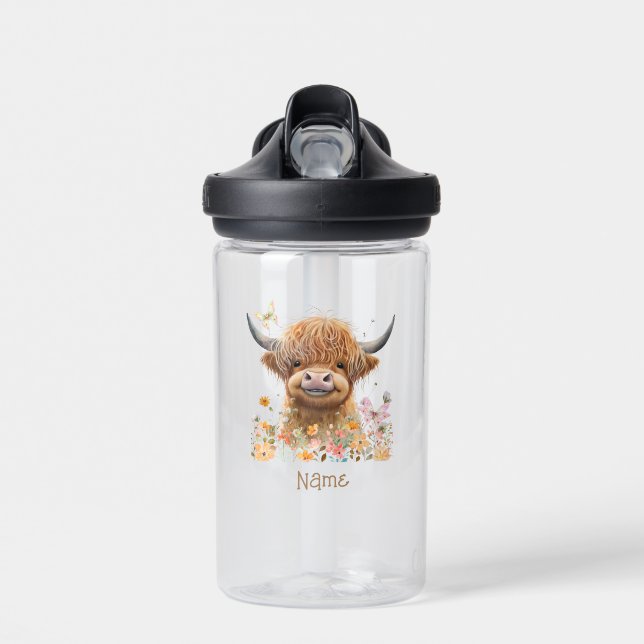 Cute Highland Cow Personalised Water Bottle (Front)