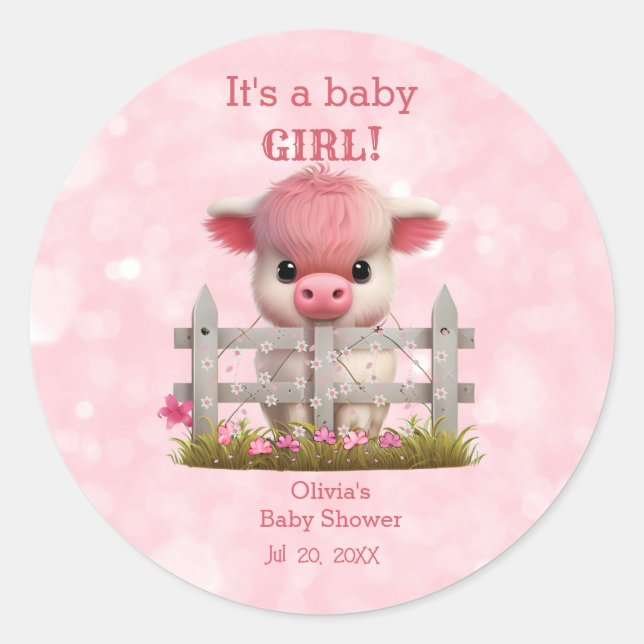 Cute Highland Cow Pink Baby Shower Personalised Classic Round Sticker (Front)