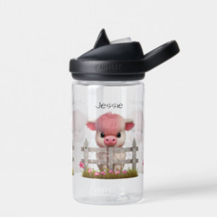 Cute Highland Cow Pink Floral Name Kids School Water Bottle
