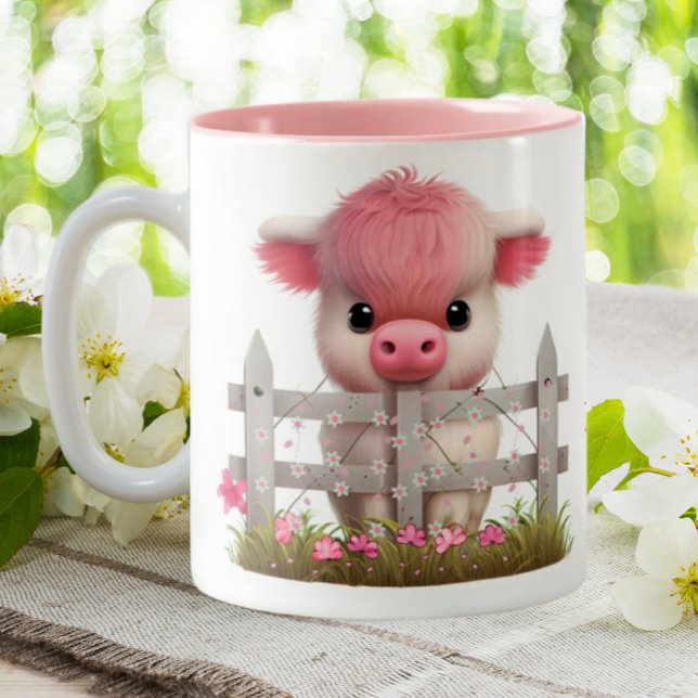 Cute Highland Cow Pink Floral Personalised Two-Tone Coffee Mug (Creator Uploaded)