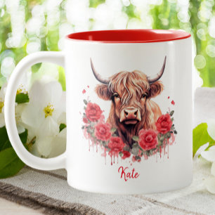 Cute Highland Cow Pink Floral Watercolor Custom Two-Tone Coffee Mug