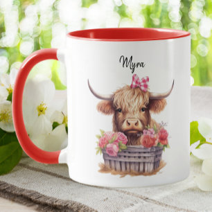 Cute Highland Cow Pink Floral Watercolor Valentine Mug