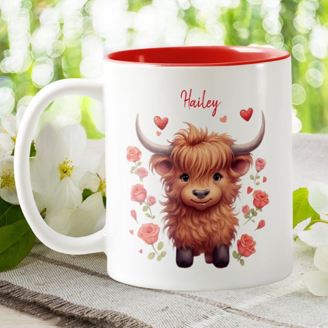 Cute Highland Cow Pink Hearts Floral Valentine Two-Tone Coffee Mug (Creator Uploaded)