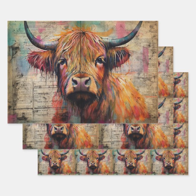 Cute Highland Cow Portrait Ephemera Wrapping Paper Sheet (Set)
