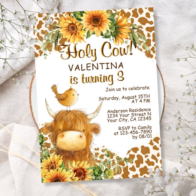 Cute Highland Cow Print Sunflowers Bird Birthday Invitation (Creator Uploaded)