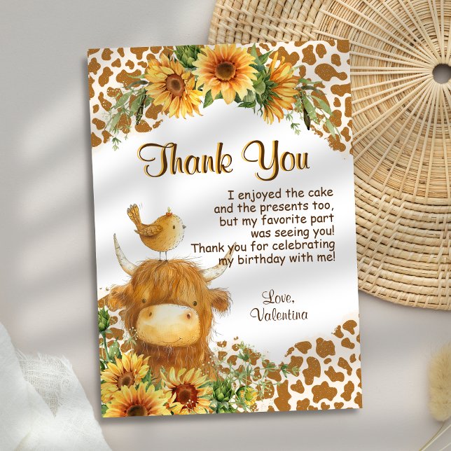Cute Highland Cow Print Sunflowers Bird Birthday Thank You Card (Creator Uploaded)
