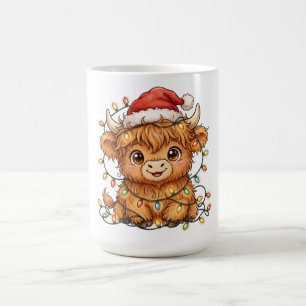 Cute Highland Cow Santa Hat Christmas Lights Mug