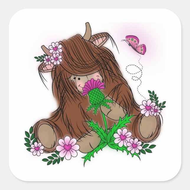 Cute Highland Cow Square Sticker (Front)