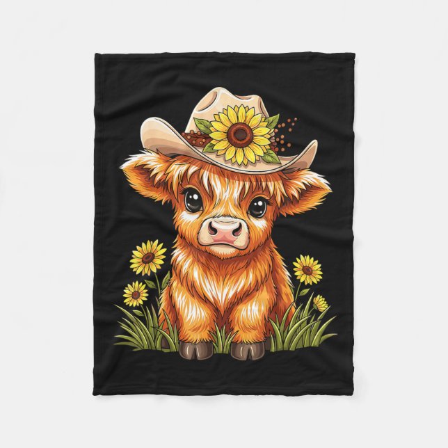 Cute Highland Cow Sunflower Farm Scottish Highland Fleece Blanket (Front)