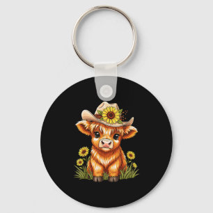 Cute Highland Cow Sunflower Farm Scottish Highland Key Ring
