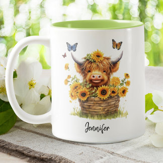 Cute Highland Cow Sunflowers Floral Butterflies  Two-Tone Coffee Mug