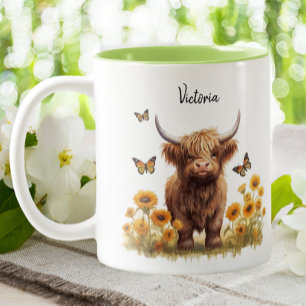 Cute Highland Cow Sunflowers Floral Butterflies Two-Tone Coffee Mug